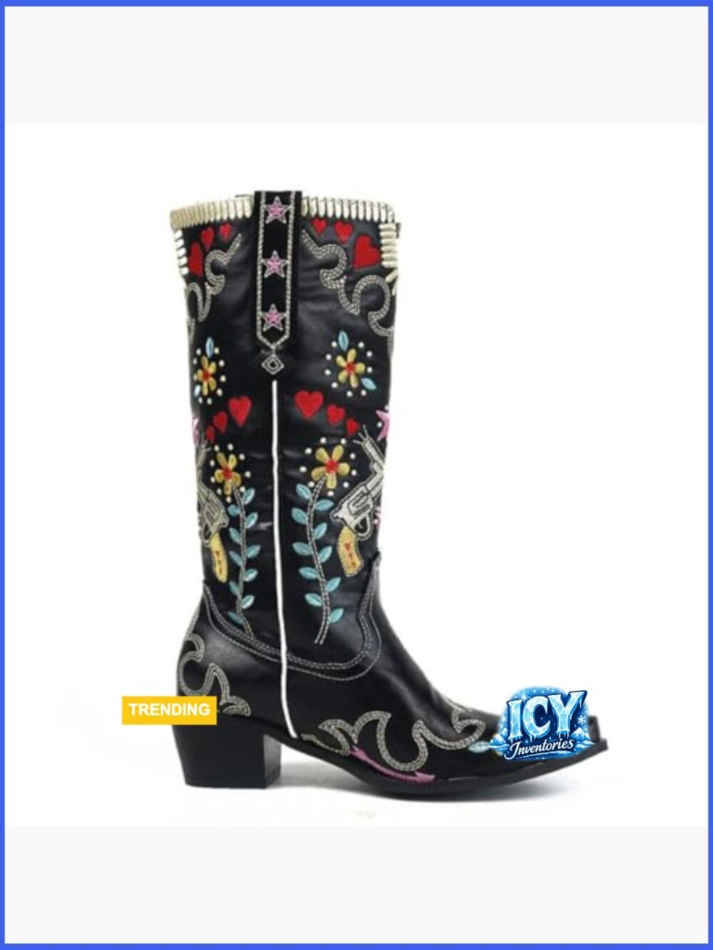 Women's Embroidered Cowgirl Boots - Knee High Chunky Heel Faux Leather Pull On - Picture 6 of 7